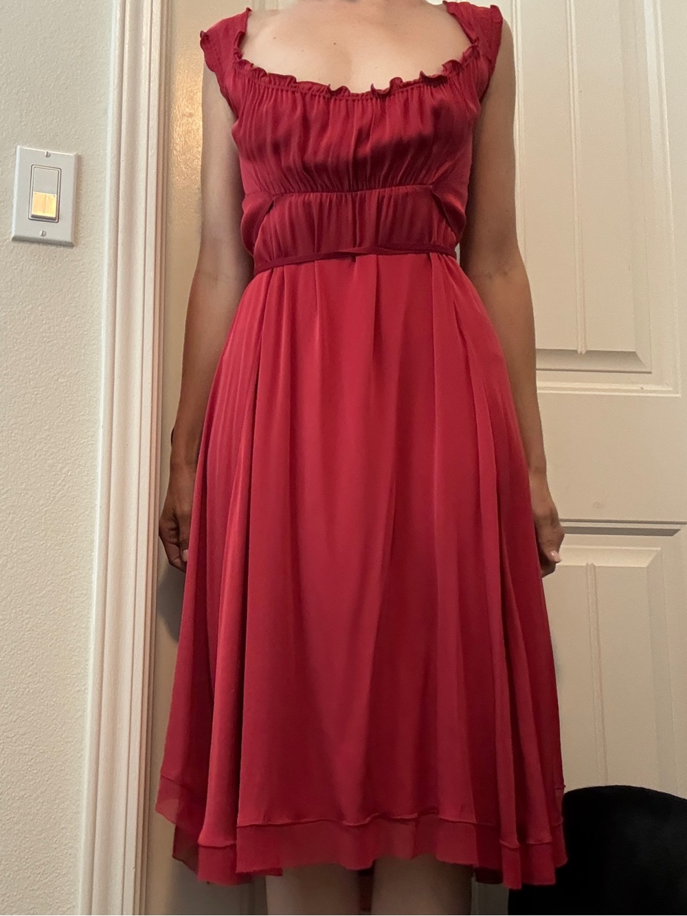 Elie Tahari Crimson Ruffle-Neck, Silk Midi Dress